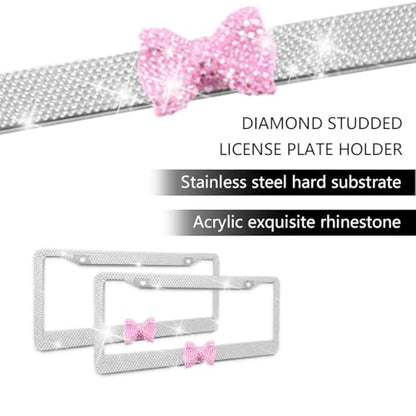 Bling Car License Plate Frame for Women, 2PCS Crystal Rhinestone Stainless Steel Vehicle Plate Holder, Glitter Diamond Sparkly Auto Plate Cover Accessories, Universal Fit (White/Pink Bow) - color: White/Pink Bow