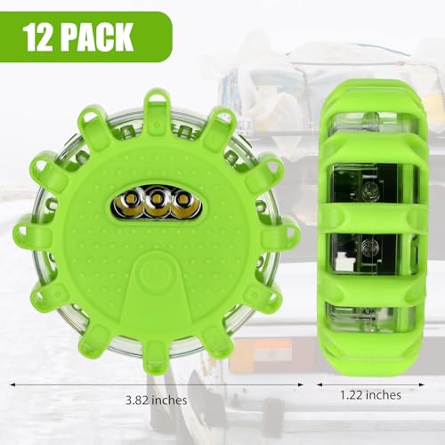 Tallew 12 Pack LED Road Flares Emergency Lights Roadside 9 Flash Modes Warning Car Safety Beacon Magnet Hook Flashing Disc Flare Kit for Vehicles Car Truck Boats Holiday Gift(Green)