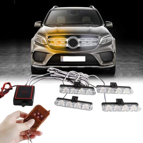 4 in 1 12V Emergency Strobe Warning Grille Lights Caution Flash Lights For Car Truck Ambulance Police - Remote Control Wireless Amber & White - color: amber&white, size: 4 in 1