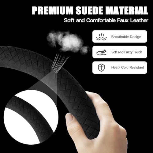 Suede Steering Wheel Cover with Upgraded Silicone Inner Ring, Breathable, Anti-Slip, Leather Universal 14.5 to 15 Inch Steering Wheel Cover (Black with Handwoven Craft) - style: Black with Handwoven Craft