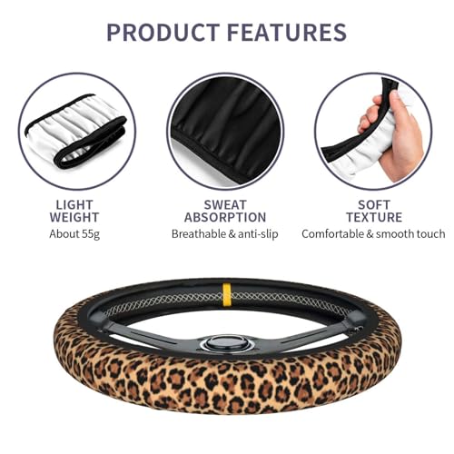 Leopard Print Steering Wheel Cover Elastic Non-Slip Car Steering Wheel Covers with Seat Belt Shoulder Pad for Women Men - color: Leopard Print