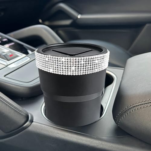 INSTOME Bling Car Trash Can with Lid，Bling Car Change Holder with Lid,Mini Trash Can Cup Holder in Console Pocket Dustbin Cans Portable for Car, Home, Office - color: silver