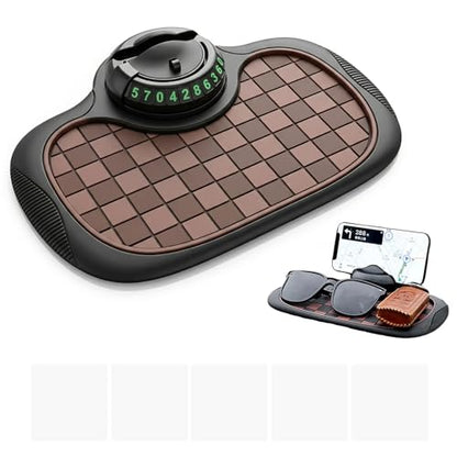 Multifunction Car Anti-Slip Mat,Car Anti Slip Mat Phone Holder For Dashboard,Multifunctional Car Dashboard Phone Holder,With Temporary Parking Numbe For Phone Sunglasses Keys Brown and black square