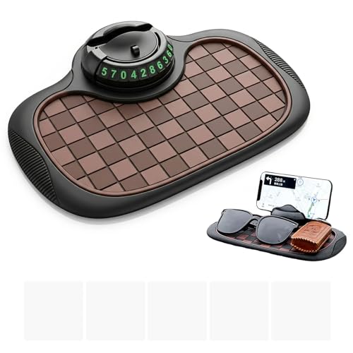 Multifunction Car Anti-Slip Mat,Car Anti Slip Mat Phone Holder For Dashboard,Multifunctional Car Dashboard Phone Holder,With Temporary Parking Numbe For Phone Sunglasses Keys Brown and black square