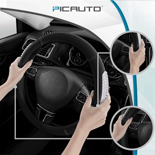 PIC AUTO Steering Wheel Cover, Glitter Gel Particles & Black Luxury Leather Car Steering Cover, Universal Fit 14.5"-15.5" Anti-Slip Car Wheels Cover for Girls & Women - color: Black