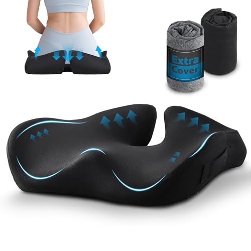 BRO Extra Large Office Chair Cushion for Sciatica Pain Relief: Memory Foam Seat Cushion for Tailbone Pain Relief Support for Long Sitting - 2 × Removable Covers with Handle - Car/Office/Home Use