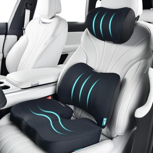 FLORICH 3 PCS Seat Cushion for Carseat Lumbar Support Pillow Car Neck Headrest Pillows Memory Foam Gel Memory Foam Massage Point Seat Pads Pressure Relief Back Cushion for Office Chair(Light Black) - color: Light Black, size: Cushion+lumbar+headrest