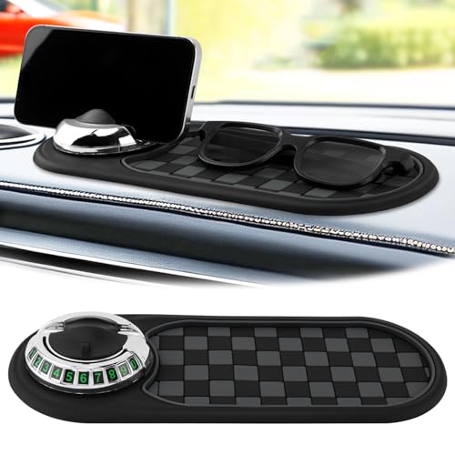 Multifunction Car Anti-Slip Mat, Car Dashboard Mobile Phone Holder, Anti Slip Mat Phone Holder and Temporary Parking Number Pad - Secure Storage for Sunglasses, Keys, Gadgets - color: Black