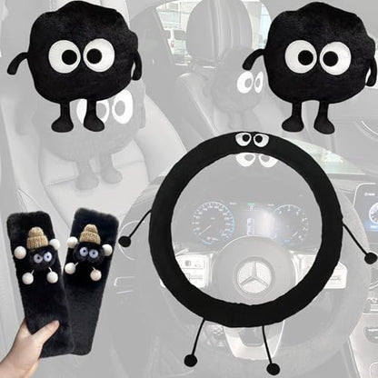 Car Headrest Pillow & Steering Wheel Cover Set with Cute Big-Eyed Furball Travel Neck Support Pillow Fur Car Interior Accessory (Black 5Pcs Set) - color: Black 5pcs Set