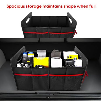 Car Trunk Organizer Cargo Organizer Large red pockets,Trunk Storage Waterproof Collapsible Durable Multi Compartments With Mesh Bag For Sedan Suv Home Camping(BLACK)