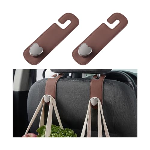 2PCS Car Seat Headrest Hook, Cute Heart Vehicle Backseat Purse Bag Hanger Organizer, Auto Seat Back Storage Holder for Groceries Coats Umbrellas, Universal for Vehicles (Brown)
