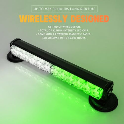 14 in Battery Powered Emergency Strobe Lights Bar Wireless Rooftop Mini Hazard Flashing LED Beacon Warning Light w/Magnetic Base for Halloween Work Trucks Construction Vehicles (Green/White) - color: Green/White