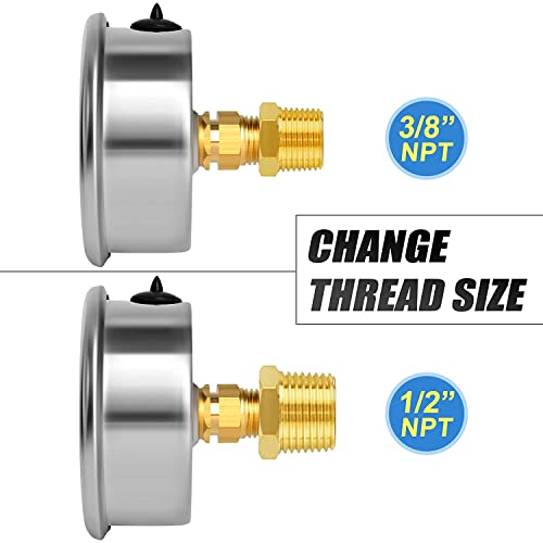 MEANLIN MEASURE 0~60Psi Stainless Steel 1/4" NPT 2.5" FACE DIAL,Liquid Filled Pressure Gauge,Pool Sand Filter Pressure Test Back Mount(Pack of 2) with 1/2" NPT and 3/8" NPT Hex Bushing - size: 0-60Psi (2Pcs)