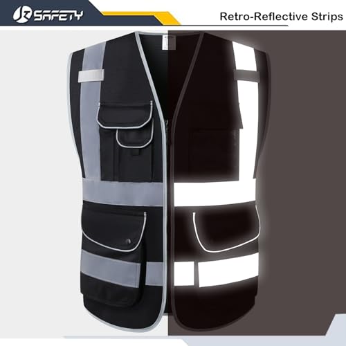 JKSafety 9 Pockets High Visibility Safety Vest for Men and Women, Hi-Vis Reflective Black Safety Vests with Zipper Front, Meet ANSI/ISEA Standards(159-Black M) - color: Jk159-black, size: Medium