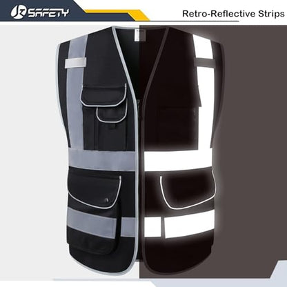 JKSafety 9 Pockets High Visibility Safety Vest for Men and Women, Hi-Vis Reflective Black Safety Vests with Zipper Front, Meet ANSI/ISEA Standards(159-Black M) - color: Jk159-black, size: Medium