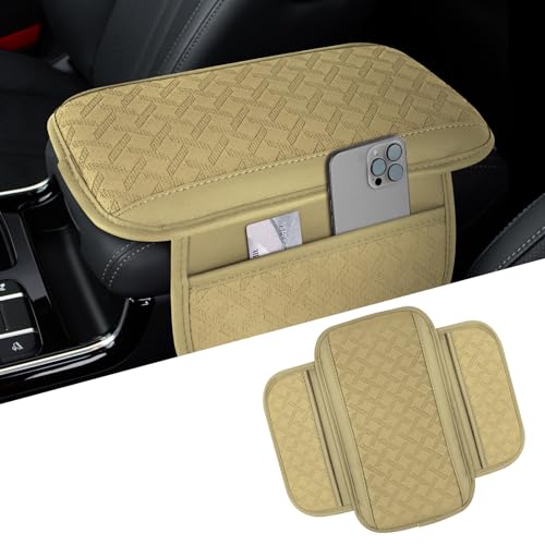 Car Center Console Cover, 12"×7.87" Leather Arm Rest Cover for Car, Comfortable Armrest Seat Box Cushion with Pocket, Armrest Cover Protector Universal Car Interior Accessories (Beige) - color: Beige