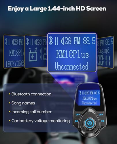 Nulaxy [2026 KM18 Upgraded Version] 48W Bluetooth 5.4 Car Adapter with Fasting Charging Ports [PD 30W & QC3.0 18W], Supports Hands-Free Call, 1.44" Screen Wireless Radio FM Transmitter, Black - color: Black