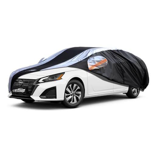Altima Car Cover Waterproof All Weather with Silver Strip Design, Custom Fit for Altima 2005–2025, Accessory with Door Zipper & Windproof Straps - size: Custom Fit Nissan Altima