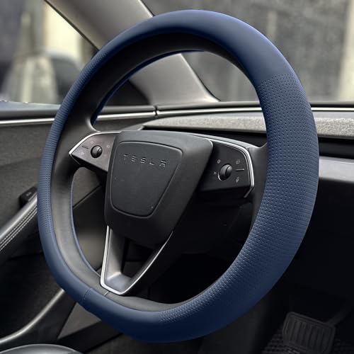 PINCTROT Nappa Leather Steering Wheel Cover for Tesla Model Y/3 Highland/Juniper, D Shaped 14 Inch Small Sized with Breathable Perforation, Fit Like Gloves, Flat Bottom 14 Inch(Nappa Smoky Blue) - color: 03.Smoky Blue, size: Small D Shaped/Flat Bottom[14'