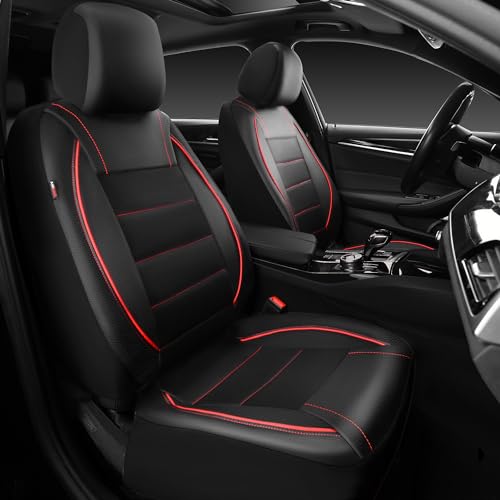CAR PASS Universal FIT Piping Leather Two Front Seat Covers, Waterproof Faux Leather for SUV Sedan Van Truck, Airbag Compatible,Reserved Opening Holes for Headrest Covers. (Black red) - color: Black Red