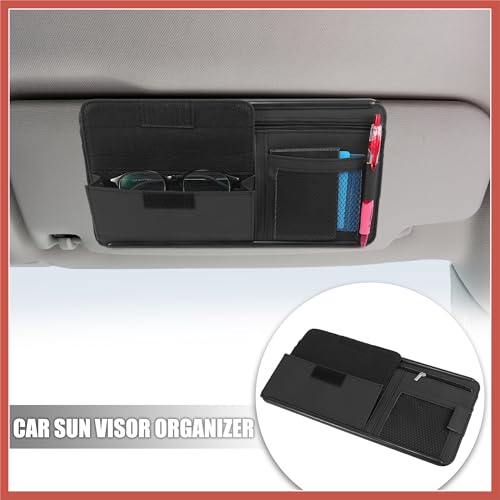 ACROPIX Black Universal Car Sun Visor Organizer Sunglasses Case Storage Pocket Hook and Loop Tape ABS PU Leather for SUV RV Truck Car Parts