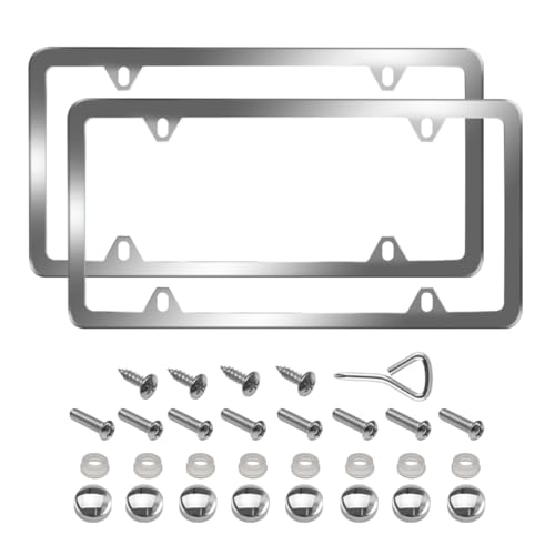 WinPower License Plate Frames, Stainless Steel License Plate Holder Rustproof 4 Holes Front Rear Universal Car Tag Cover 2 Pack, Sliver - color: Silver