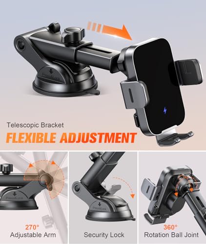 Wireless Car Charger Mount Auto Clamping, 15W Fast Charging Car Phone Holder Charger for Dash Windshield Vent for iPhone 17 16 15 14 13 12 Pro Max, Samsung Galaxy S25 S24+ S23 Ultra S22 S21+