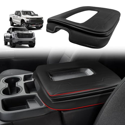 Muslogy Center Console Armrest Cover Fit for Chevy Silverado & GMC Sierra 2019-2026 Accessories, Comfort Armrest Pad Console Lid Cushion Vegan Leather 1-Inch Extra Thick(Split Bench Seat Console ONLY) - size: 1) 19-25 |Silverado & Sierra| Jump Seat, +Thic