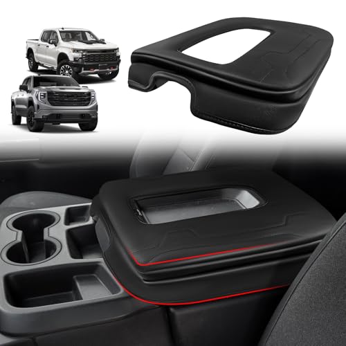 Muslogy Center Console Armrest Cover Fit for Chevy Silverado & GMC Sierra 2019-2026 Accessories, Comfort Armrest Pad Console Lid Cushion Vegan Leather 1-Inch Extra Thick(Split Bench Seat Console ONLY) - size: 1) 19-25 |Silverado & Sierra| Jump Seat, +Thic
