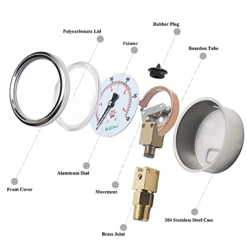 2-1/2" Glycerin Liquid Filled Air Pressure Gauge, 0-60Psi, 1/4”NPT Lower Mount, Stainless Steel Case, Brass Internals, Water Pressure Gauge - size: 0-60 Psi