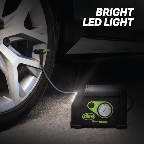 Slime 40084 Tire Inflator, Cordless, Portable Air Compressor Pump, Lithium Ion Battery and LED Light, Rechargeable, 8 min Inflation - style: Standard
