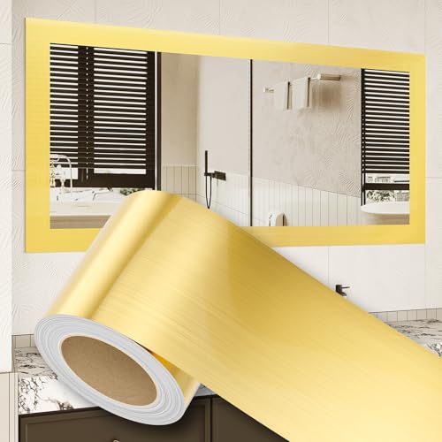 Peel and Stick Wallpaper Borders 390” x 4” Self Adhesive Mirror Frame Border Brushed DIY for Kitchen Bathroom Mirror Removal Border Sticker Wall Decor Cover 10.8 Sq.Ft, Brushed Golden - color: Brushed Golden, size: 4" x 390"