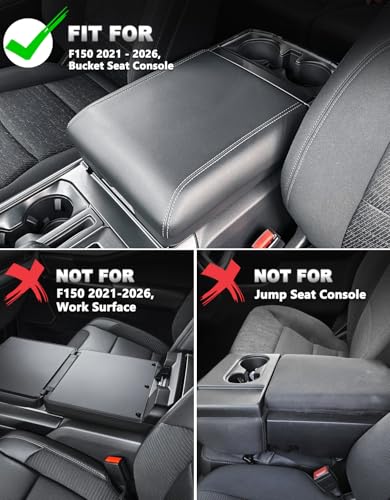 Center Console Cover for 2021-2026 Ford F150 Accessories, Vinyl Leather Middle Armrest Cusion Protector, Anti-Scratch, Black Red Stitches, Bucket Seat Only(not for Work Station) - size: Bucket Seat, 2021-2026 F150, red stitch