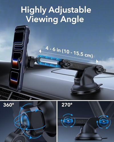 ESR for MagSafe Car Mount, Vacuum Dashboard Magnetic Car Phone Holder for Car, Suction Cup Car Phone Mount for iPhone 17-12, Smaung Galaxy, Car Accessories, Charging Not Supported, Metallic Grey