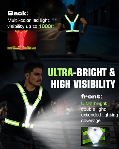 Zacro LED Reflective Vest with Chest Light 500LM, 5 RGB Colors High Visibility Rechargeable Light Up Running Vest IPX4 Night Safety Running Gear for Dog Walking, Cycling, Adjustable for Men Women Kids - color: Green
