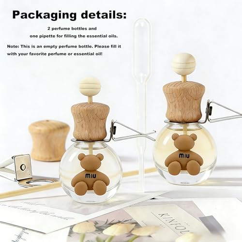2 Pack Car Air Freshener Diffuser, Refillable Empty Glass Bottles with Vent Clip & Wooden Caps, Drift Car Air Freshener for Essential Oils, Long Lasting Air Fresheners for Car-A5 - size: Bear-A5 - 2PCS