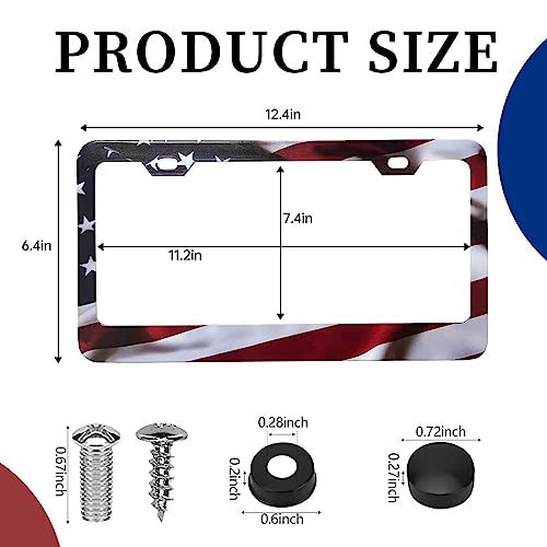 Patriotic American Flag License Plate Frame Holder - 2 Pack Universal Aluminum Matte Stripe US Flag Gloss Car Plate Frame Covers with 2 Holes and Free Screws Fasteners Caps - color: Matte American flag Narrow side A