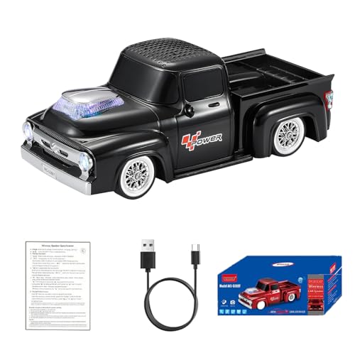 WSTER WS-538 Retro Pickup Truck Bluetooth Replica Speaker – Portable Wireless Car Model Speaker with FM, TWS, LED Party Lights, USB/TF Playback, Built-in Microphone, Type-C, Surprise Gift(Black) - color: Black
