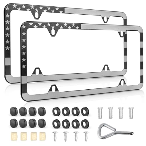 RED WOLF American USA Flag License Plate Frame Stainless Steel Holder Front Rear Auto Tag US Stars & Stripes Slim Edge for Patriotic, 4 Holes Mount W/Screw Accessories Caps 2 PCS