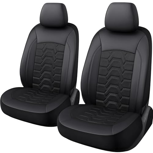 Memory Foam Leather Car Seat Covers, Breathable Air Cool Mesh Front Seat Protectors, Airbag Compatible Automative Comfortable Accessories, Universal Fit for Most Cars SUVs Trucks, Black, 4pcs.
