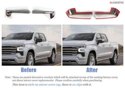 AUCERAMIC Chrome Top Half Mirror Cover Cap Stick-on Trim Fit 2019-2024 for Chevy Silverado GMC Sierra 1500,Chrome Side View Mirror Covers Caps Overlay(Pasted Style)