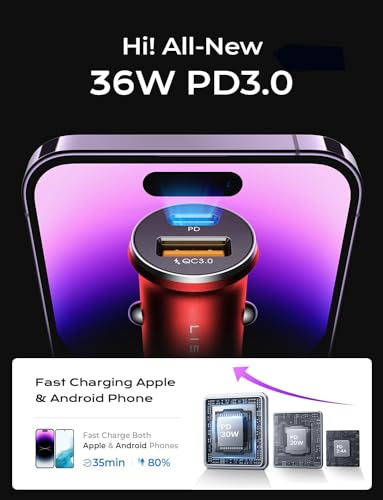 LISEN 2-Pack USB C Car Charger Adapter Fast Charge, 48W All Metal Cigarette Lighter USB Charger for iPhone 15 Smallest Flush Car Charger USB C for iPhone 14 Pro Max 13 12 Galaxy S23/22 iPad Pro-Red