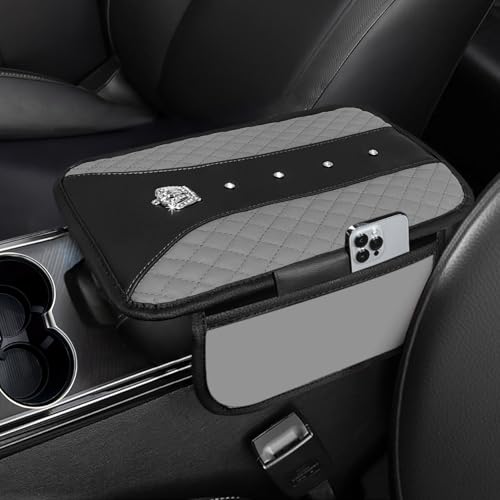 NBTEPEM Bling Crown Car Center Console Armrest Cover, Leather Middle Console Cover Cushion with 2 Storage Bags, Car Armrest Storage Box Interior Accessories for Most Vehicles(Gray) - color: Gray