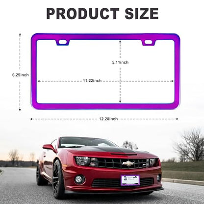 Iridescent License Plate Frame, 2 Holes Fashion Purple Stainless Steel Mirror Polish Holder, 2 Pack Waterproof Rust-Proof Universal US Car Frame, Including Screws, Caps and Rattle Proof Pads - color: Iridescent