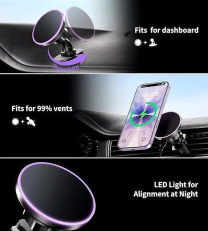 BHHB for Magsafe Car Mount Charger, [2026 Upgrade] 15W 2in1 Magnetic Wireless Car Charger, for Magsafe Car Charger, Vent/Dashboard Phone Holder, ONLY for iPhone 17 16 15 14 13 12 Series(Purple) - color: Purple