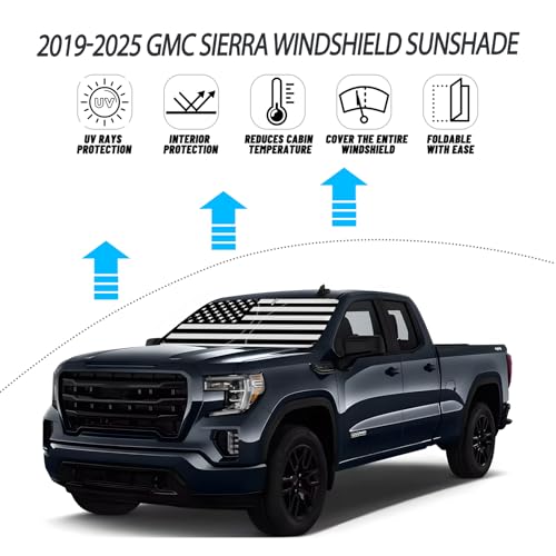 D-Lumina Windshield Sun Shade for 2019-2025 GMC Sierra 1500 2500 3500 Accessories, Front Window Sunshade American Flag Sun Visor Protector Sun Shield Block UV Ray Heat, Foldable 2 Layers 210T Material - size: Silver & Black-Fit 2019-2025 GMC Sierra