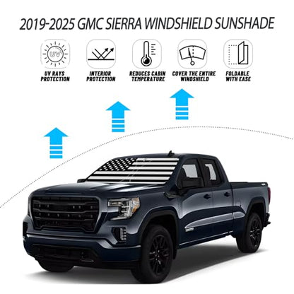 D-Lumina Windshield Sun Shade for 2019-2025 GMC Sierra 1500 2500 3500 Accessories, Front Window Sunshade American Flag Sun Visor Protector Sun Shield Block UV Ray Heat, Foldable 2 Layers 210T Material - size: Silver & Black-Fit 2019-2025 GMC Sierra