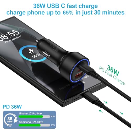 Multi 3 Ports Fast Car Charger Adapter 12V Auto Vehicle Plug - USB C & USB A Quick Charging - Cigarette Lighter Cell Phone Automobile Charger for iPhone 17 Pro Max Air 17e 16e 16 15, Samsung S26