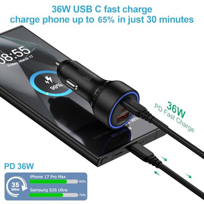 Multi 3 Ports Fast Car Charger Adapter 12V Auto Vehicle Plug - USB C & USB A Quick Charging - Cigarette Lighter Cell Phone Automobile Charger for iPhone 17 Pro Max Air 17e 16e 16 15, Samsung S26