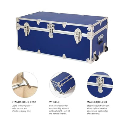 Rhino Trunk & Case Large Essential Trunk With Wheels 32”x18”x14”, 1000+ lbs Capacity - Many Colors. Strong, USA Made Summer Camp Footlocker, and Secure College Dorm Storage Chest - color: Royal Blue